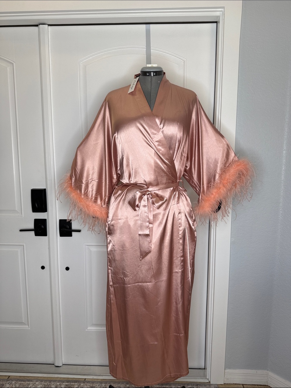 Silky Rose Gold Feather-Trim Kimono Robe